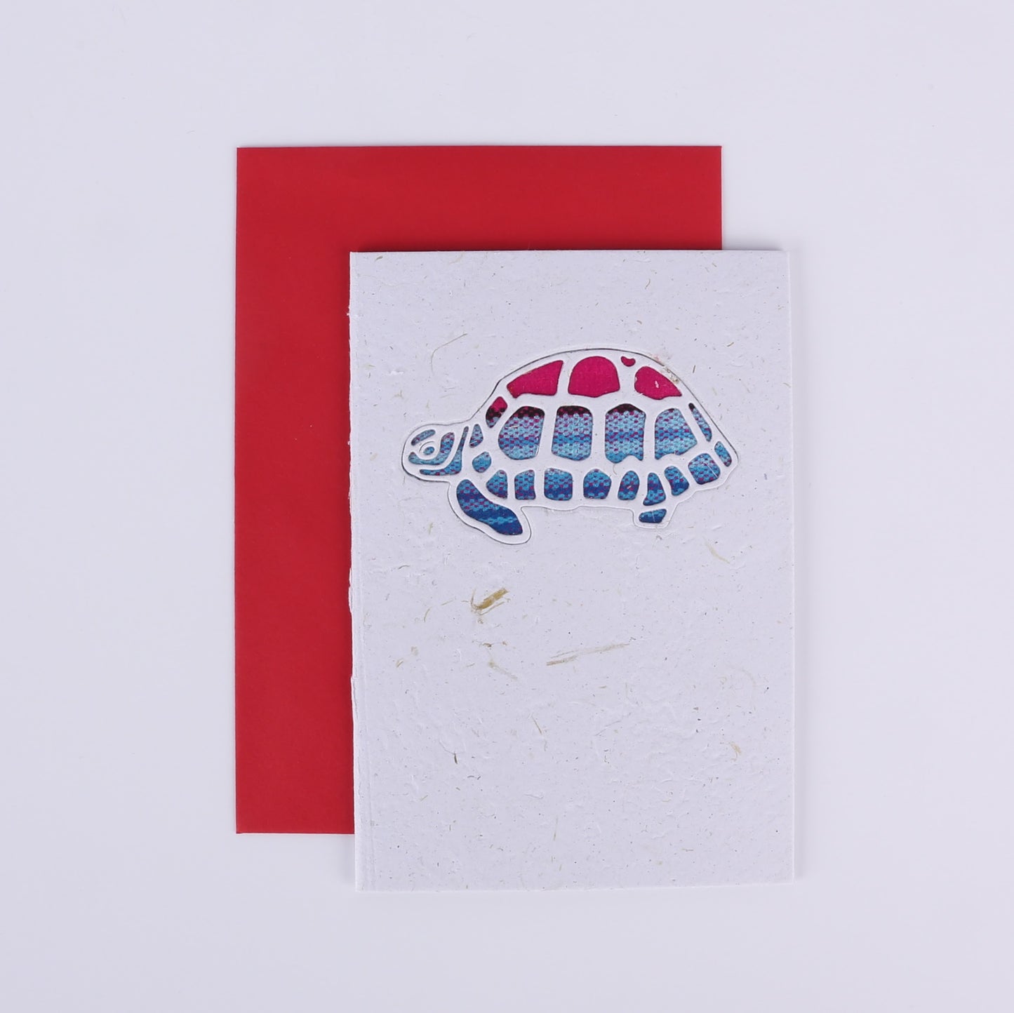 Colourful patterned tortoise cutout on a white card with a red envelope underneath