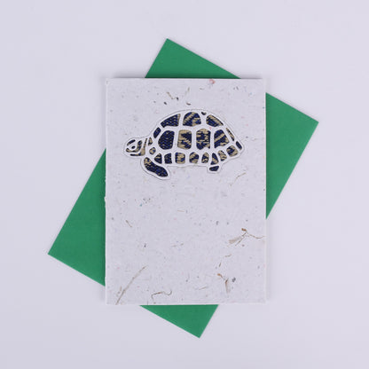 Colourful patterned tortoise cutout on a white card with a green envelope underneath