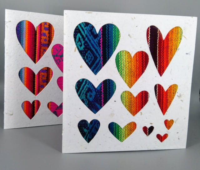 An ethical, handmade hearts card, made from vibrant Ecuadorian fabrics.