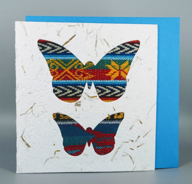 An ethical, handmade two large butterflies card, made from vibrant Ecuadorian fabrics.