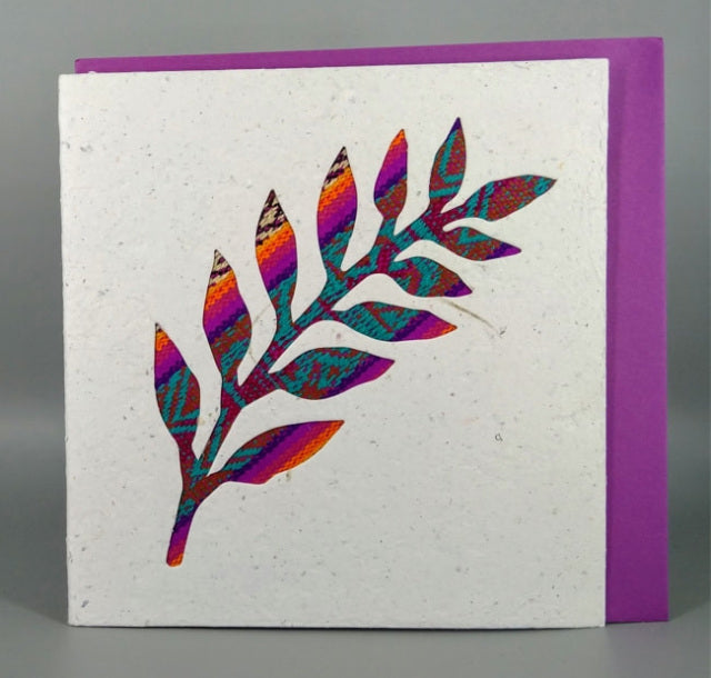 An ethical, handmade single leaf card, made from vibrant Ecuadorian fabrics.