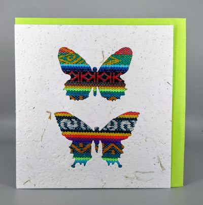 An ethical, handmade vintage butterfly card, made from vibrant Ecuadorian fabrics.