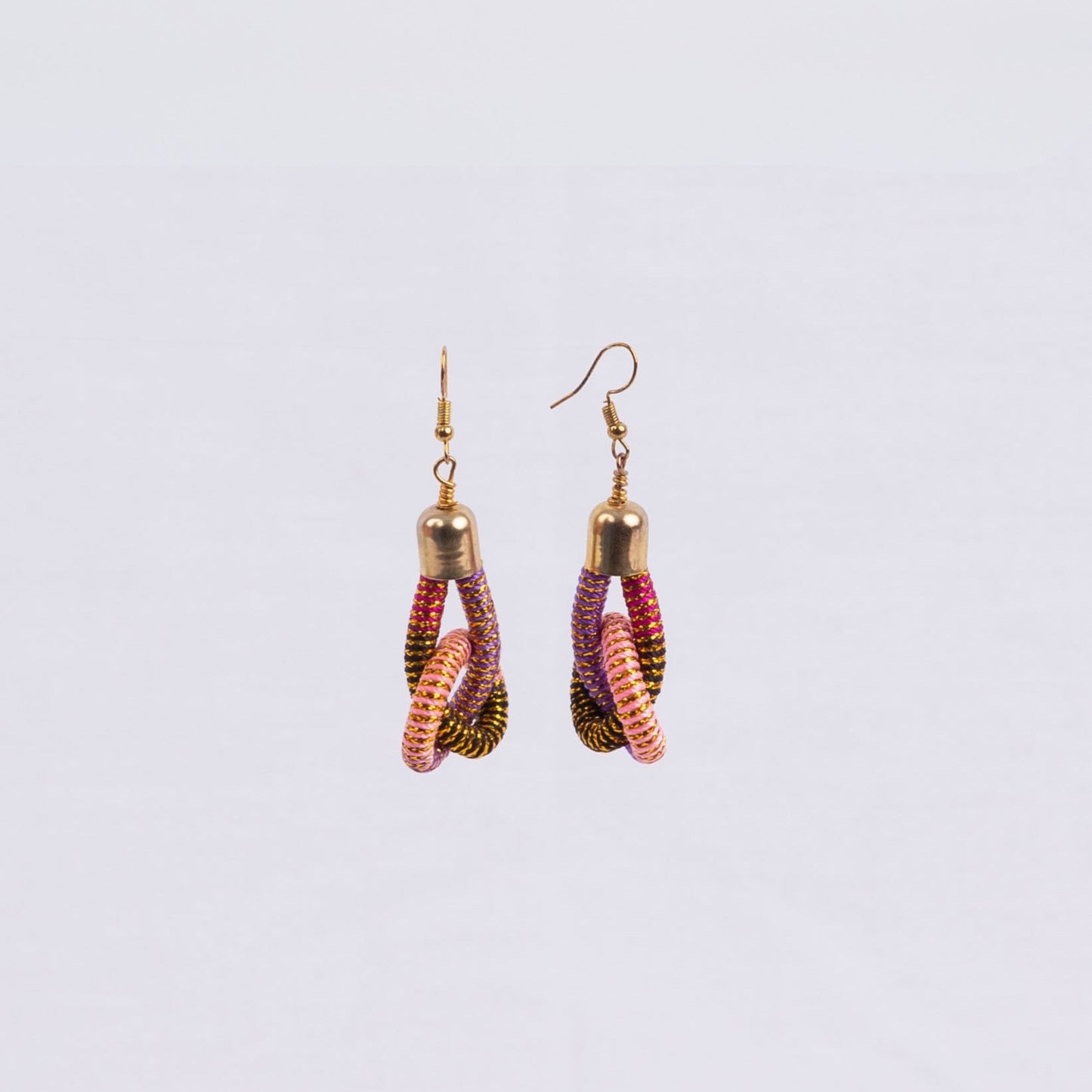 Pair of earrings with gold tops and multicoloured and gold knotted loops