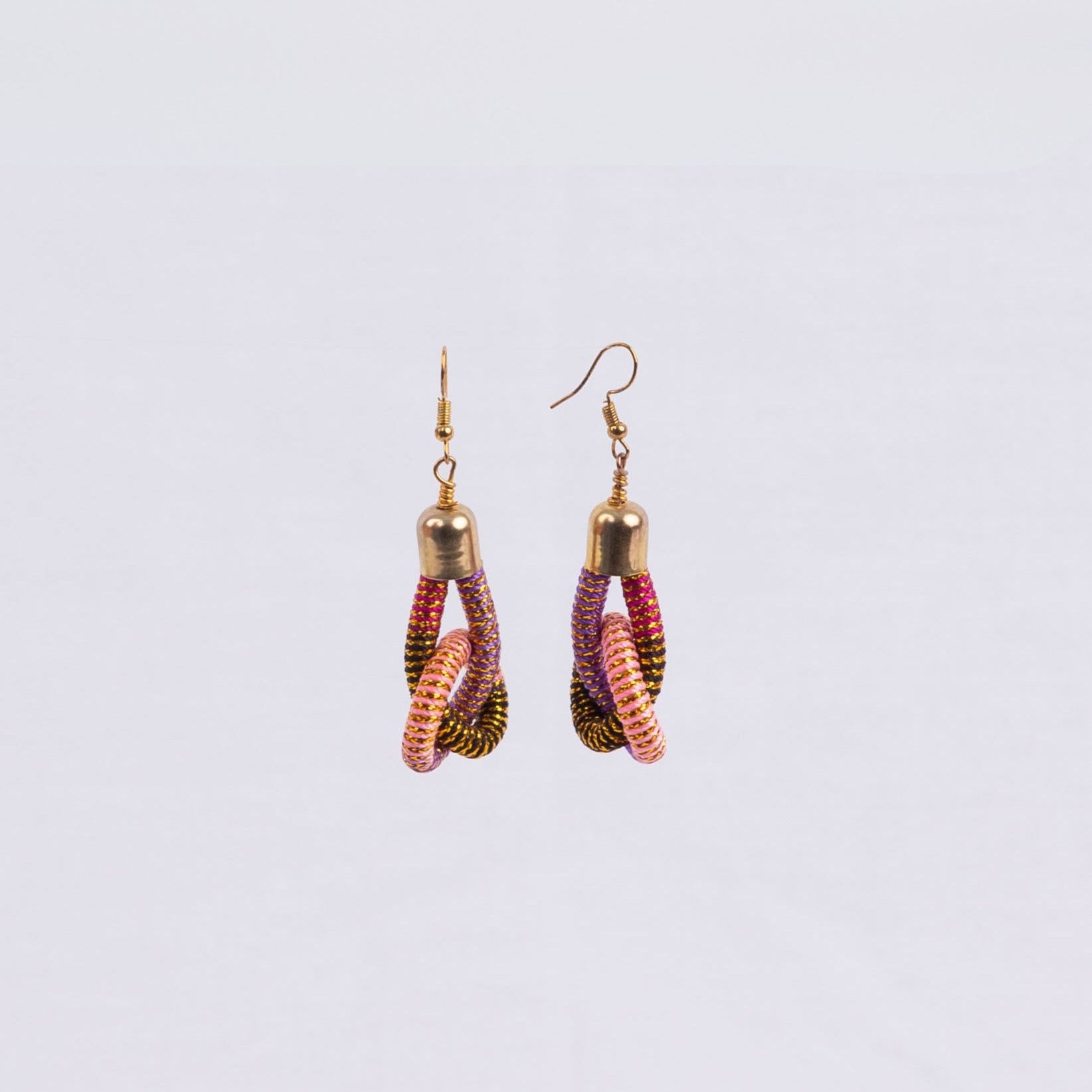 Pair of earrings with gold tops and multicoloured and gold knotted loops