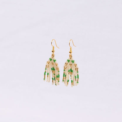 Pair of earrings with green, white and gold beads