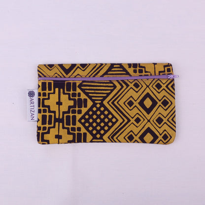 Gold and purple patterned rectangular pencil case with a purple zip.