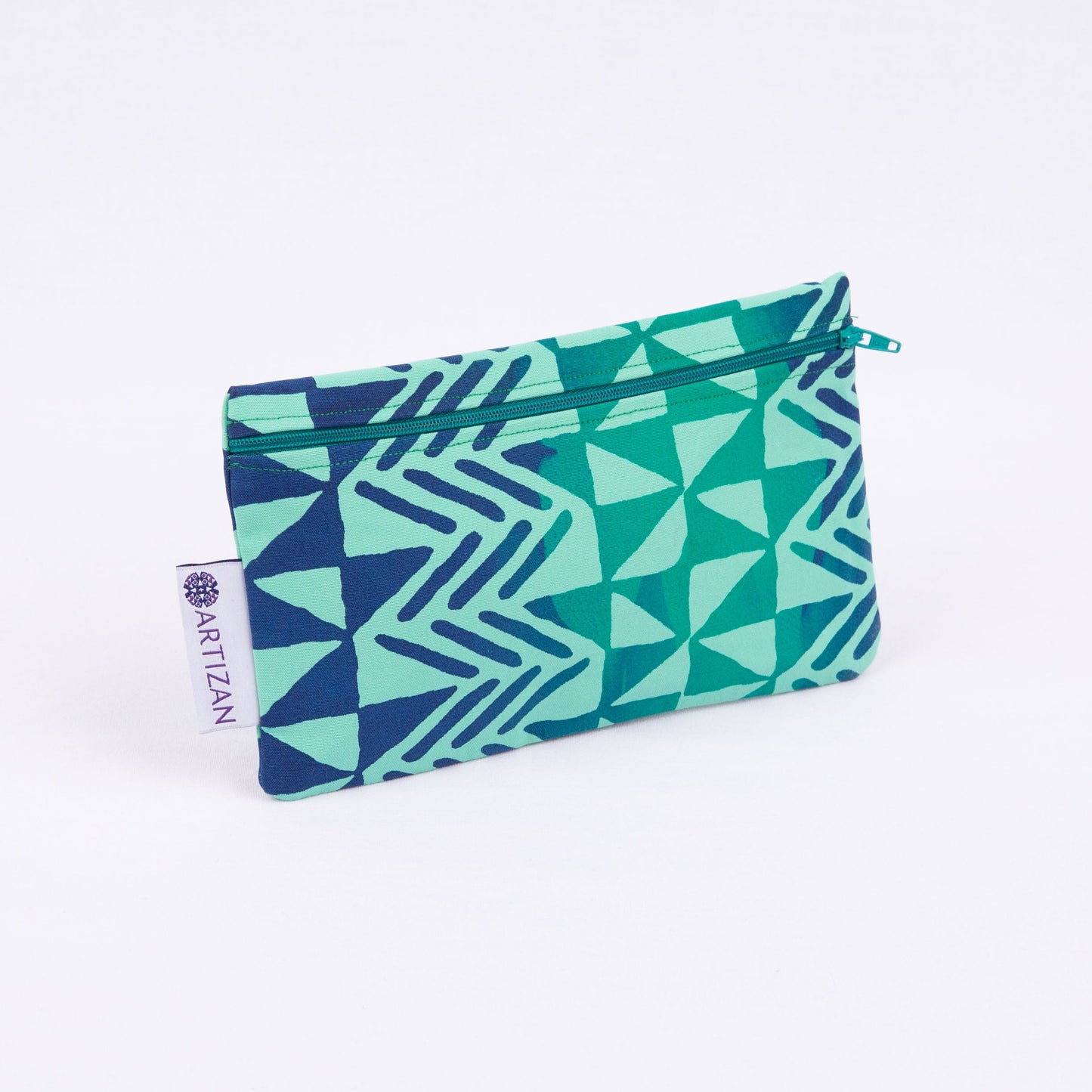 Blue and green triangle patterned rectangular pencil case with a purple zip.