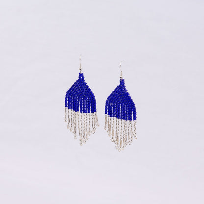 Pair of beaded earrings with blue top and silver fringe