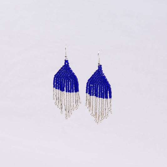 Pair of beaded earrings with blue top and silver fringe
